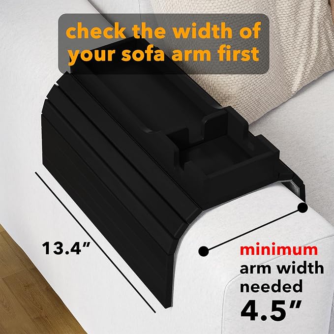 SpaceAid Bamboo Couch Cup Holder, Anti Falling Foldable Sofa Armrest Tray with Cup Holder, Couch Arm Side Table Organizer for Drink Cup Remote Snacks (Black)