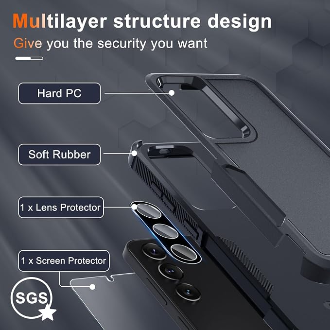RMOCR Case for Samsung Galaxy S25, Full Body Heavy Duty Rugged Shockproof Protective Phone Cover with Lanyard Strap, Tempered Glass Screen Protector and Camera Lens Cover, Black Matte