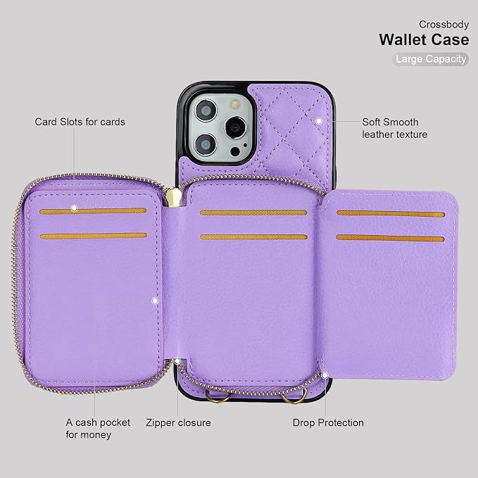 Bocasal Crossbody Wallet Case for iPhone 12 Pro Max, RFID Blocking PU Leather Zipper Handbag Purse Flip Cover, Kickstand Folio Case with Card Slots Holder Wrist Strap Lanyard 5G 6.7 Inch (Purple)
