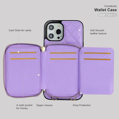 Bocasal Crossbody Wallet Case for iPhone 12 Pro Max, RFID Blocking PU Leather Zipper Handbag Purse Flip Cover, Kickstand Folio Case with Card Slots Holder Wrist Strap Lanyard 5G 6.7 Inch (Purple)