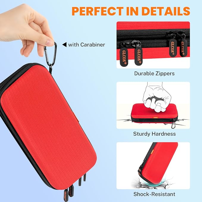 Red Double-Layer Hard Carrying Case, Electronics Organizer Travel Pouch | Multi-Pocket Zipper Tech Bag for Charger, Power Bank, Phone, USB Flash Drive, Cord, Cable