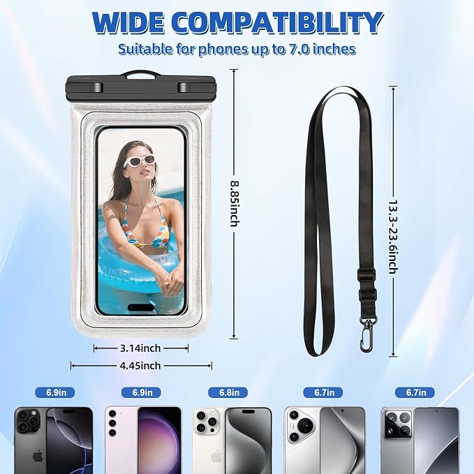 Waterproof Phone Pouch, IP68 Floating Waterproof Phone Case, Dry Bag Beach Essentials with Adjustable Lanyard for iPhone 16 Pro Max /15 Pro/Galaxy S24 S23, Up to 7.0'', Flash Silver, 1 Pack