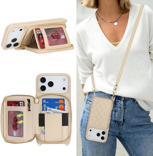 Crossbody Wallet Case for iPhone 17 Pro Max, PU Leather Zipper Handbag Purse Flip Cover, Kickstand Folio Case with Card Slots Holder Wrist Strap Lanyard 5G 6.9 Inch-White