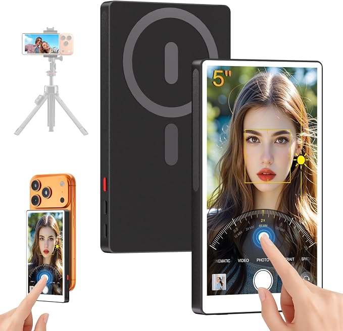 5" Touch Back Camera Monitor iPhone 17, Magnetic Selfie Monitor Screen iPhone, Wireless Screen Mirroring, Back Camera Selfie Monitor with Headphone Jack,2600mAh for Vlog,Snaplylens for iPhone,Android