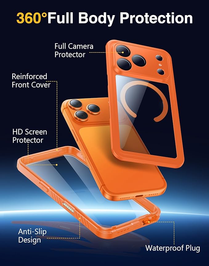 Lanhiem Magnetic for iPhone 17 Pro Max Case Waterproof, Built in Screen Protector & Camera Protection, [Compatible with MagSafe] Full Body Dustproof Heavy Duty Rugged Phone Case 6.9'' (Orange)