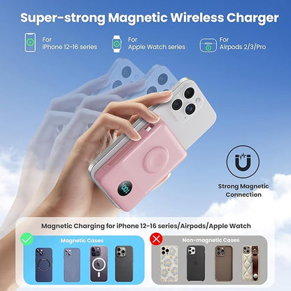 6 in 1 Magnetic Portable Charger for iPhone with Built-in Cables, 10800mAh 25W PD Fast Charging Power Bank, 6 Outputs Travel Essential Battery Pack for iPhone 17/16/15/14/13/12,Apple Watch (Pink)