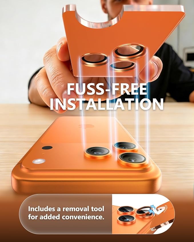 EZ-GLAZ-Camera Lens Protector for iPhone 17/16/15/14 Pro & Pro Max Series, with Aerospace-Grade Aluminum Alloy Ring, 1:1 Invisible Fit & Ultra-Clear, Military-Grade 9H+ Glass, Cosmic Orange