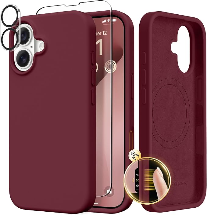 GONEZ Magnetic for iPhone 17 Case, Compatible with MagSafe, [Screen Protector + Camera Lens Protector], Liquid Silicone Anti-Scratch Shockproof Protective Phone Case 6.3 inch, Maroon
