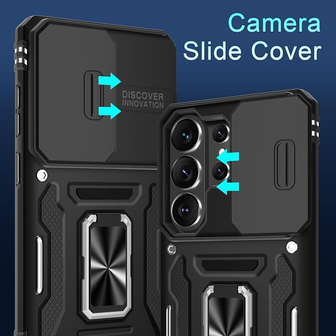 DEERLAMN Case for Samsung Galaxy S26 Ultra 6.9-Inch with Slide Camera Cover+Screen Protector(1 Pack), Rotated Ring Kickstand Military Grade Shockproof Protective Cover-Black