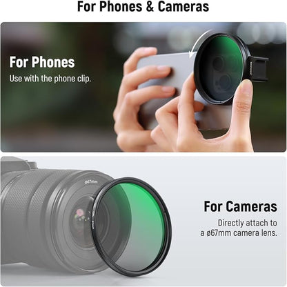 NEEWER Clip On Phone Filter Kit, 67mm Multicoated CPL Filter with Cold Shoe Cell Phone Clamp, Carrying Case & Cleaning Cloth Accessories Compatible with iPhone Samsung Android, FL-79