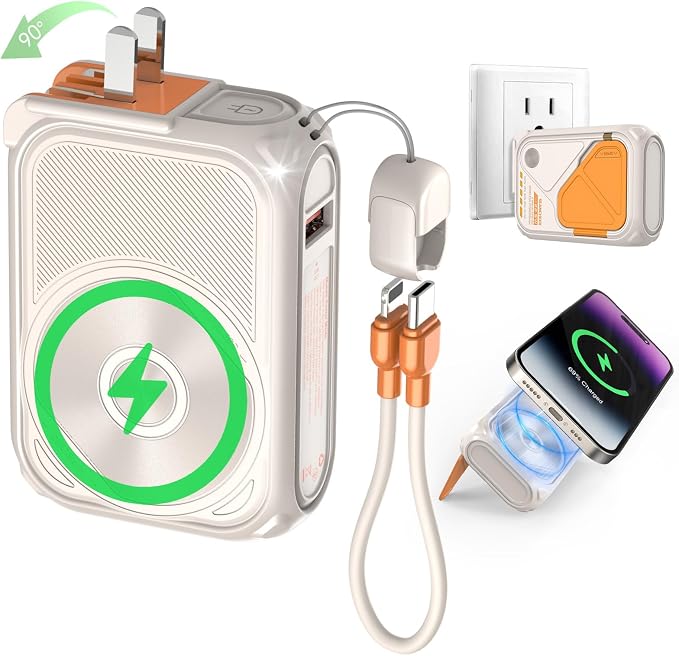 SEANCHEER P05 Portable Charger, Magnetic Power Bank, Small Wireless PowerBank, Battery Pack10000mAh Travel Essentials Fast Charging with Built in Cable, Foldable Wall Plug for iPhone,Samsung,Andriod