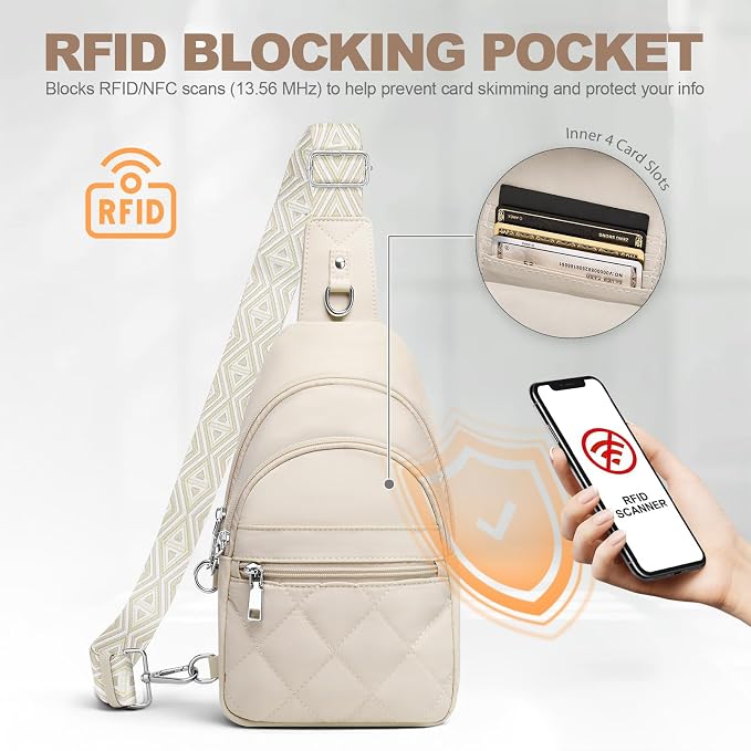 SYTRAH Sling Bag for Women, Anti-Theft RFID Crossbody Bag Nylon Sling Purse for Travel, Puffy Small backpack for Daily Hiking Sports White