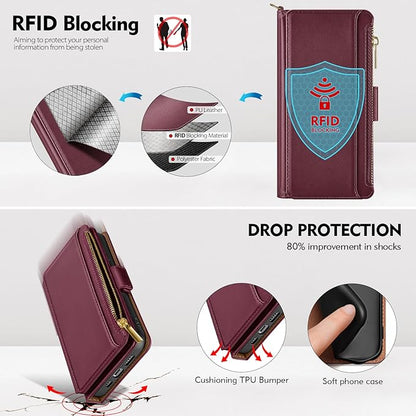Antsturdy Compatible with iPhone 14 Wallet Case RFID Blocking,PU Leather Phone Case Women Men Flip Shockproof Cover with Wrist Strap Zipper Pocket Credit Card Holder Slots,for Apple 14 6.1" Wine Red