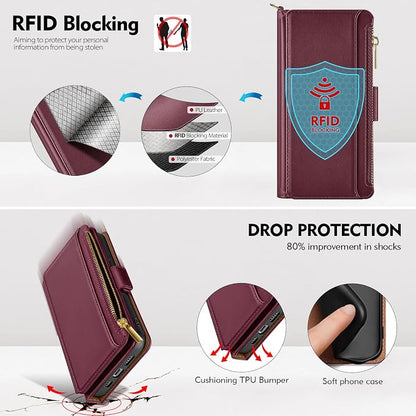 Antsturdy Compatible with iPhone 12 mini Wallet Case,RFID Blocking PU Leather Phone Case Women Men Kickstand Flip Cover Wrist Strap Zipper Credit Card Holder Slots,for Apple 12 mini,Wine Red