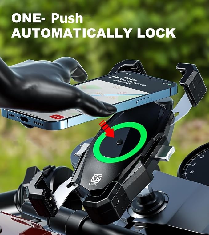 Kewig Motorcycle Fork Stem Phone Mount with Qi 15W Wireless Charger & USB C 20W Fast Charging Port, One-Push Automatically Lock & Quick Release Handlebar Phone Holder for 4.0-6.9" Phone