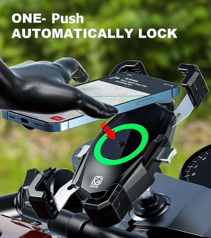 Kewig Motorcycle Fork Stem Phone Mount with Qi 15W Wireless Charger & USB C 20W Fast Charging Port, One-Push Automatically Lock & Quick Release Handlebar Phone Holder for 4.0-6.9" Phone
