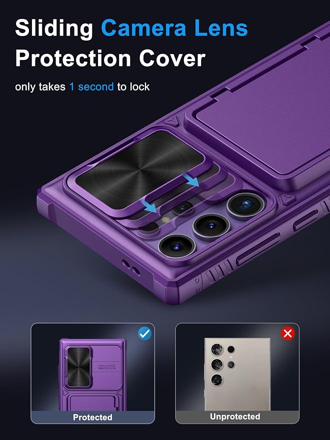 Vihibii for Samsung Galaxy S23 Ultra Case with Card Holder (4 Cards), Built-in 2X Tempered Glass Screen Protector & Slide Lens Cover & Stand, Rugged & Shockproof Phone Case for S23 Ultra, Dark Purple