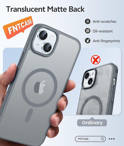 FNTCASE for iPhone 15/14/13 Case, Fit for Magsafe, Glass Screen Protector | Translucent Matte, Magnetic Phone Cases, 14FT Military Grade Drop Protection, Slim Shockproof Protective Cover, Gray