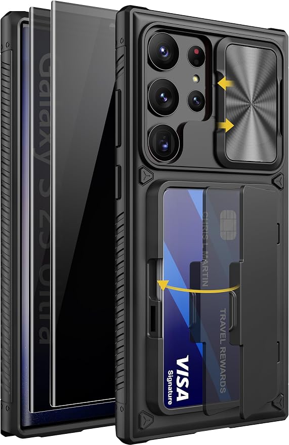 Vihibii for Samsung Galaxy S23 Ultra Case with Card Holder (4 Cards), Built-in 2X Privacy Screen Protector, Slide Lens Cover, Rugged & Shockproof Wallet Case for S23 Ultra 6.9" 5G, Black
