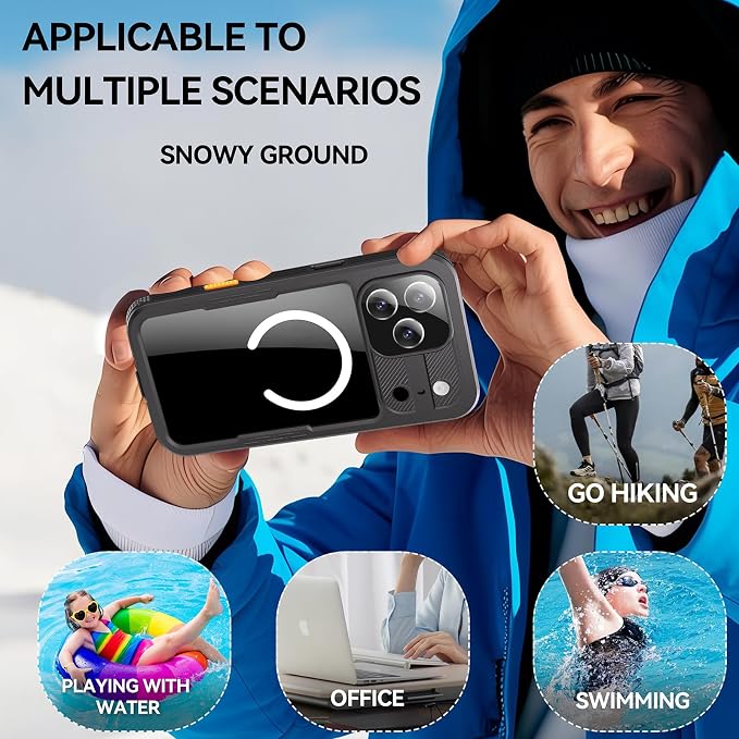 Omio for iPhone 17 Pro Max Waterproof Case Compatible with MagSafe, Magnetic Waterproof Full Body IP68 Underwater Case Built-in Screen Protector Military Grade Shockproof Cover for Men Women Black