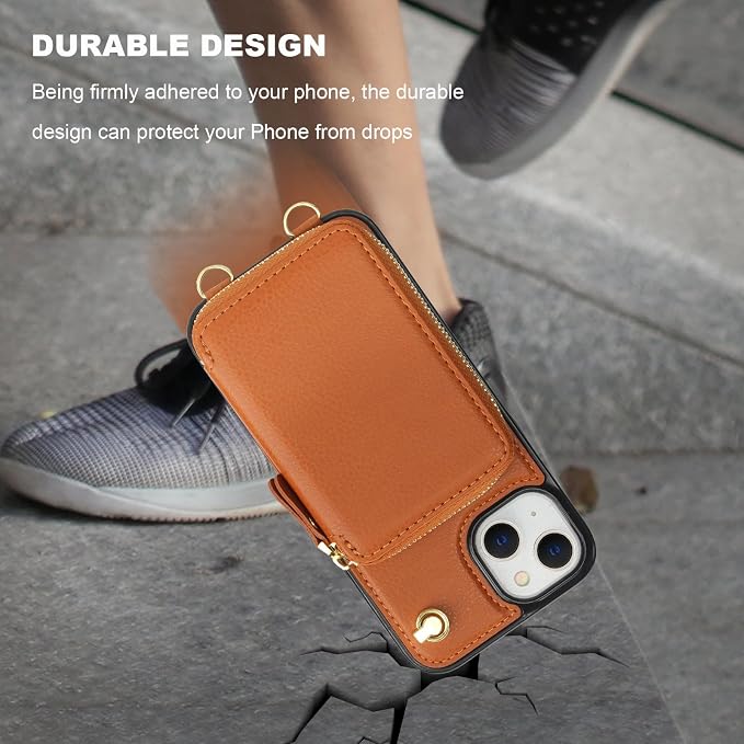 Bocasal for MagSafe Crossbody Wallet Case Compatible with iPhone 14 iPhone 13, RFID Blocking Protective Purse Case with Card Slots Holder Kickstand Wrist Strap Lanyard Zipper 6.1 Inch 5G (Brown)