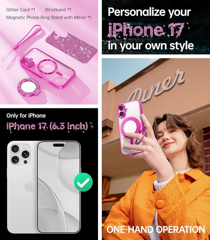 Meifigno Designed for iPhone 17 Case with Ring Stand (6.3"), [Built-in Mirror] [Compatible with MagSafe] [Glitter Card & Wrist Strap] Removable Phone Stand +Designed for iPhone 17 Case, Hot Pink