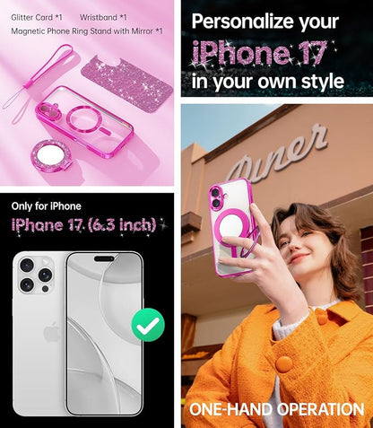 Meifigno Designed for iPhone 17 Case with Ring Stand (6.3"), [Built-in Mirror] [Compatible with MagSafe] [Glitter Card & Wrist Strap] Removable Phone Stand +Designed for iPhone 17 Case, Hot Pink