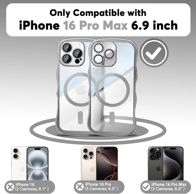 Misscase Designed for iPhone 16 Pro Max Case 6.9",with Privacy Screen Protector*1,Cute Wave Frame Case with Camera Lens Protector,Compatible with MagSafe Plating Bling for Women Silver