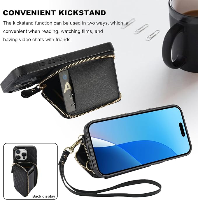 Bocasal Crossbody Wallet Case for iPhone 16 Pro, RFID Blocking PU Leather Zipper Handbag Purse Flip Cover, Kickstand Folio Case with Card Slots Holder Wrist Strap Lanyard 5G 6.3 Inch (Black)