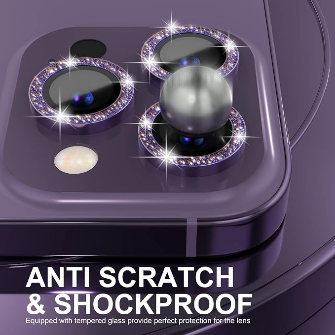 Choiche Compatible for iPhone 14 Pro/iPhone 14 Pro Max Camera Lens Protector Bling, 9H Tempered Glass Camera Cover Screen Protector Metal Ring Decoration Accessories (Glitter-Purple)