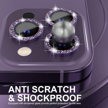 Choiche Compatible for iPhone 14 Pro/iPhone 14 Pro Max Camera Lens Protector Bling, 9H Tempered Glass Camera Cover Screen Protector Metal Ring Decoration Accessories (Glitter-Purple)