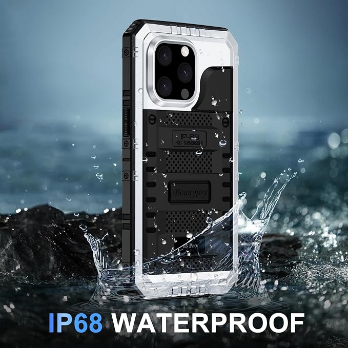 Beasyjoy iPhone 15 Pro Waterproof Case, Metal Heavy Duty Full Body Protective With Built-in Screen Protector, Military Grade Shockproof Dustproof Defender for 6.1", Silver