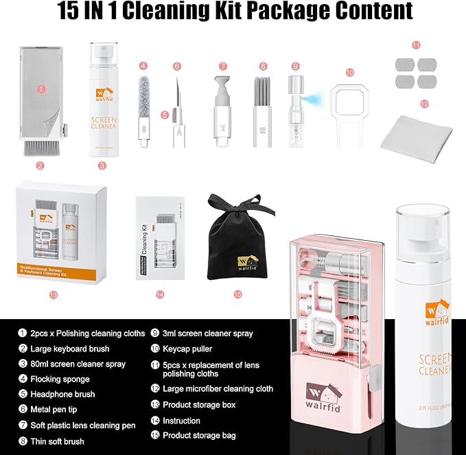 walrfid Laptop Keyboard Cleaner Kit with 80ml Screen Cleaner Spray, 15-in-1 Phone Computer Screen Cleaning Tool for iPhone iPad MacBook, Multi-Function Electronics Cleaning Kit for PC, Camera (Pink)