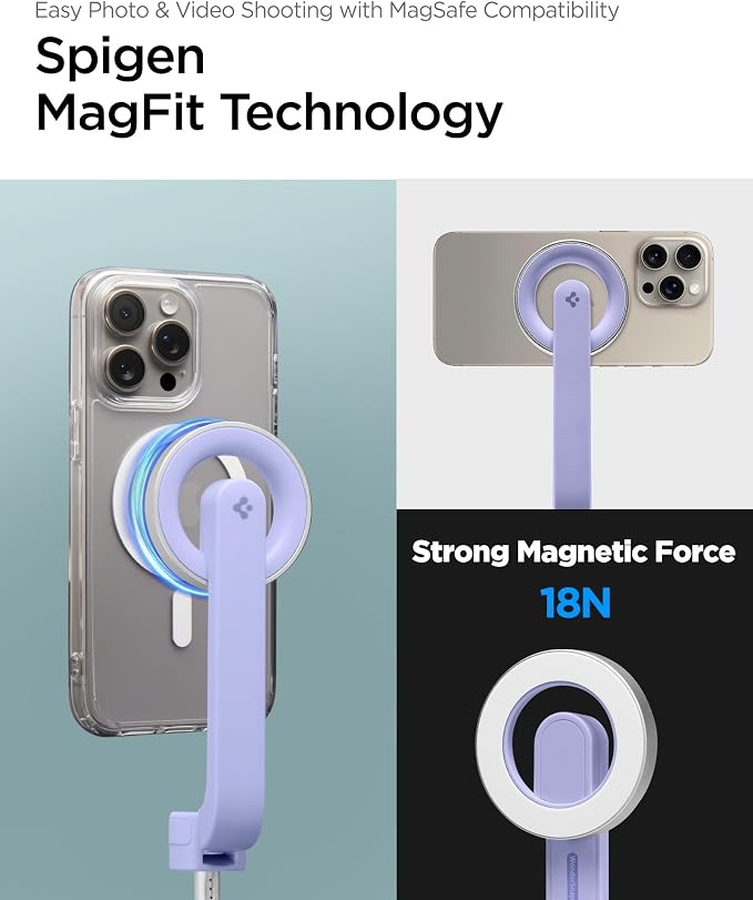 Spigen Selfie Stick Tripod Stand with Bluetooth Remote Control Shutter 24" Extendable Compatible with MagSafe iPhone 17/16/15/14/13/12 Pixelsnap Pixel 10 Series & More - Lavender (S571W)