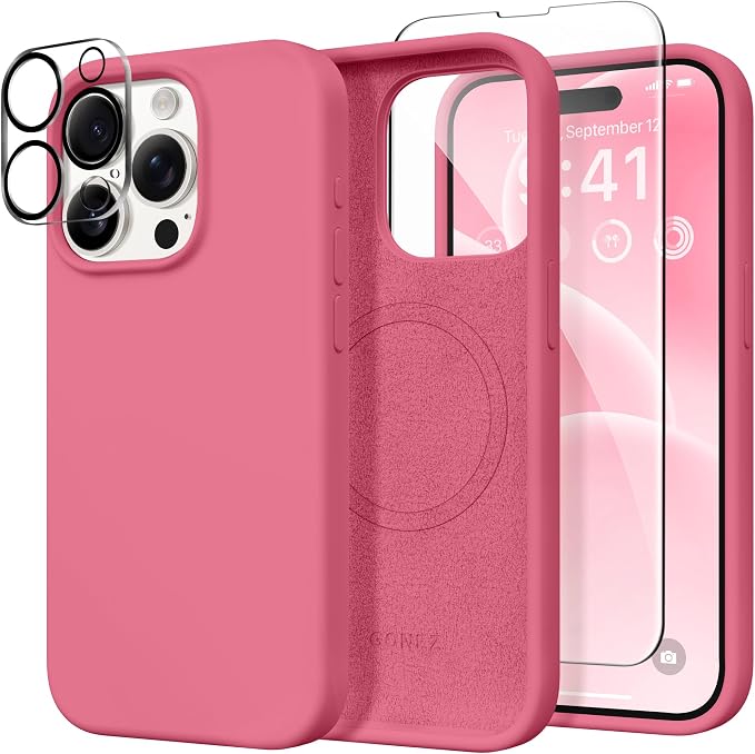 GONEZ Magnetic for iPhone 15 Pro Case, Compatible with MagSafe, [Screen Protector + Camera Lens Protector], Silicone Shockproof Anti-Scratch Protective Phone Case 6.1 inch, Wild Rose