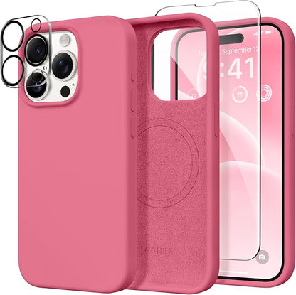 GONEZ Magnetic for iPhone 15 Pro Case, Compatible with MagSafe, [Screen Protector + Camera Lens Protector], Silicone Shockproof Anti-Scratch Protective Phone Case 6.1 inch, Wild Rose
