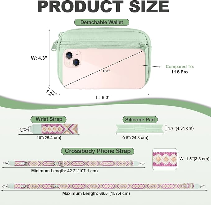 YFWE Clip and Go Strap for Phone with Wallet Crossbody, Adjustable Phone Lanyard with Detachable RFID Wristlet Wallet, Pattern Strap, Green (M)