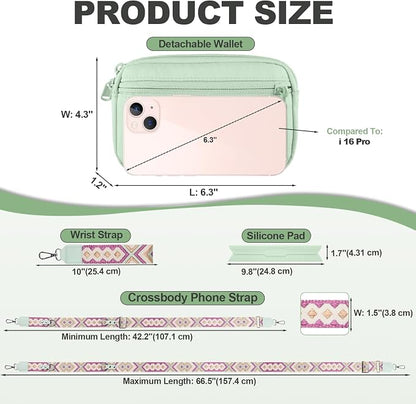 YFWE Clip and Go Strap for Phone with Wallet Crossbody, Adjustable Phone Lanyard with Detachable RFID Wristlet Wallet, Pattern Strap, Green (M)
