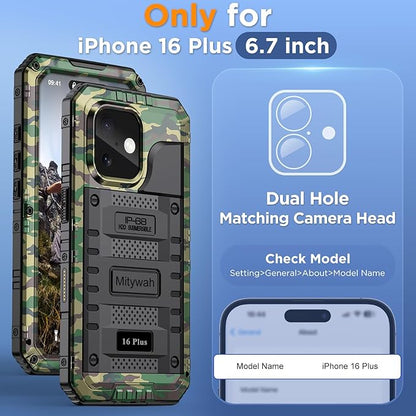 Mitywah Waterproof Case for iPhone 16 Plus, Shockproof Heavy Duty Case with Built-in Screen Protector, Underwater Full Body Protective Metal Case 6.7 inch, Camouflage