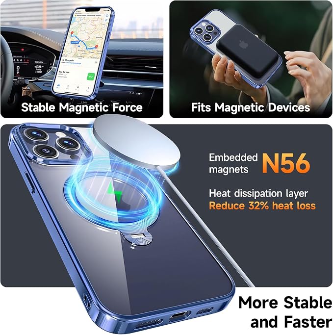 [Tri-Shield Protection] for iPhone 13 Pro Case with 360° Spin Stand Compatible with MagSafe [Magnetic CD Ring] [Screen & Camera Lens Protector] Shockproof Plating Never-Yellowing, Blue-6.1"