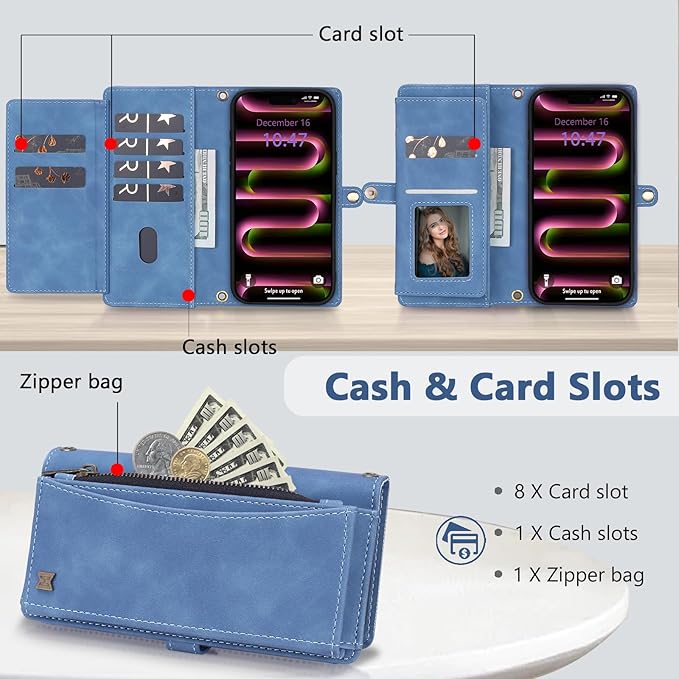 Wallet Case for iPhone 16 Pro with Card Holder/Crossbody Wallet/Strap| RFID Blocking | Magnetic | Kickstand | Detachable | PU Leather Phone Case for iPhone 16 Pro,6.3 in,Sky Blue