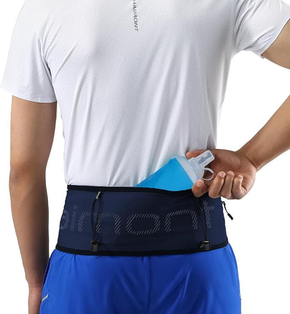 Haimont Running Belt for Men Women with Hydration Bottle Pockets Phone Holder Trail Running Fanny Pack for Walking Hiking Jogging Exercise, Dark Blue, L