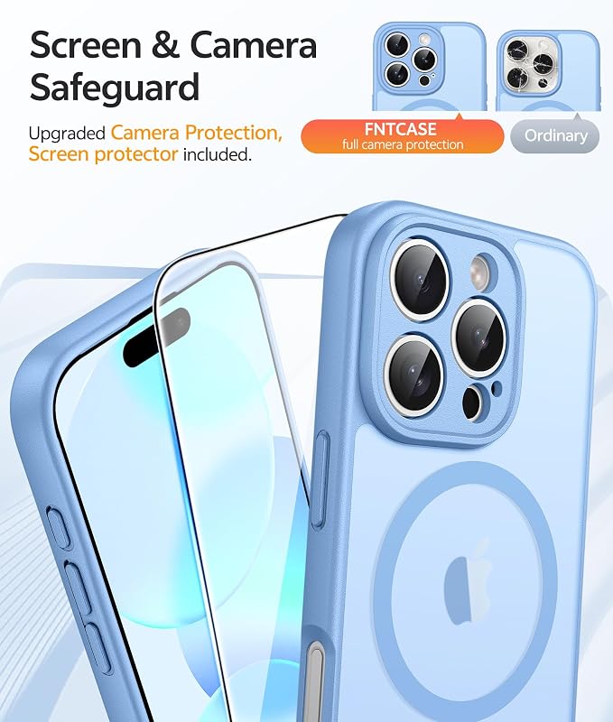 FNTCASE for iPhone 16 Pro Max Case: [Compatible with Magsafe] Translucent Matte Cases with [Full Camera Protection] [Screen Protector] Military Grade Shockproof Protective Phone Cover - Light Blue