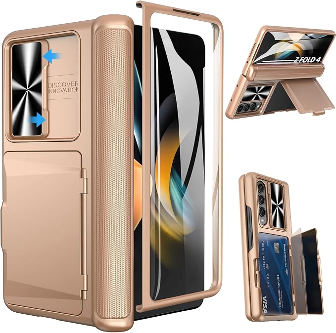 Viaotaily for Z Fold 4 Case with Card Slot Holder & Hinge Protection & Slide Camera Lens Cover & Screen Protector, Shockproof Protective Phone Case for Z Fold 4 5G 2022 (Rose Gold)