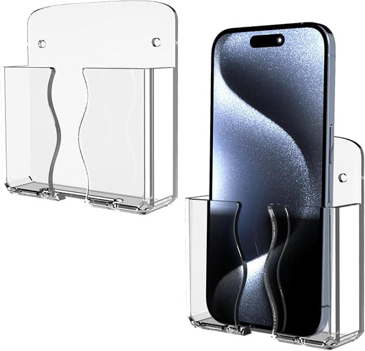 Wall Mounted Phone Holder, Clear Phone Stand Self Adhesive with Charging Hole Compatible with iPhone and Android Smartphone Cradle Bedside Organizer Remote Control Stand for Home Office 2-Pack