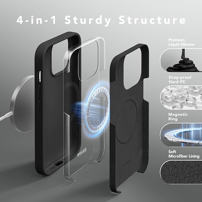 GONEZ for iPhone 14 Pro Max Case Silicone, Compatible with MagSafe, with Screen Protector + Camera Lens Protector, Liquid Silicone Shockproof Protective Phone 14 ProMax Case 6.7", Black