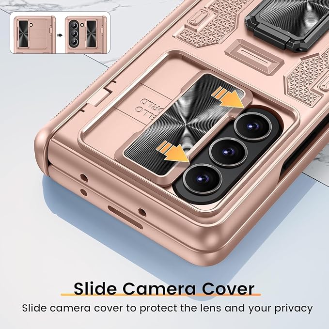 VEGO for Samsung Z Fold 5 Case with Privacy Screen Protector & Hinge Cover | Built-in Slide Camera Cover Military Grade Shockproof Hard PC Kickstand Phone Case for Galaxy Z Fold 5 2023-Rose Gold