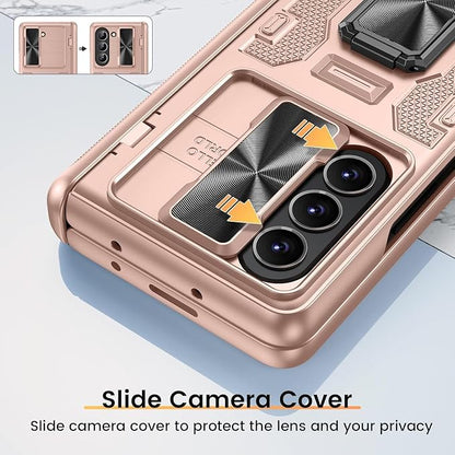 VEGO for Samsung Z Fold 5 Case with Privacy Screen Protector & Hinge Cover | Built-in Slide Camera Cover Military Grade Shockproof Hard PC Kickstand Phone Case for Galaxy Z Fold 5 2023-Rose Gold