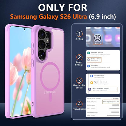 Pilaru Compatible for Samsung Galaxy S26 Ultra Case: [MagSafe Fit] Galaxy S26 Ultra case with Screen Protector,Matte Translucent Soft-Touch Skin/Full Body Protection for s26ultra Phone case,Pink
