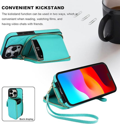 Bocasal Crossbody Wallet Case for iPhone 15 Pro, RFID Blocking PU Leather Zipper Handbag Purse Flip Cover, Kickstand Folio Case with Card Slots Holder Wrist Strap Lanyard 5G 6.1 Inch (Mint Green)